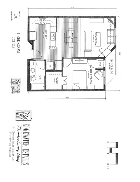 Floor plan for 1 bed, 1 bath, 762 sqft